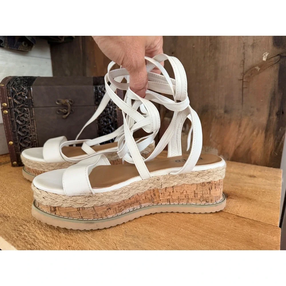 Retro White Lace Up Platform Sandals Espadrille Cork Wedge FRM1 Womens 8 41
